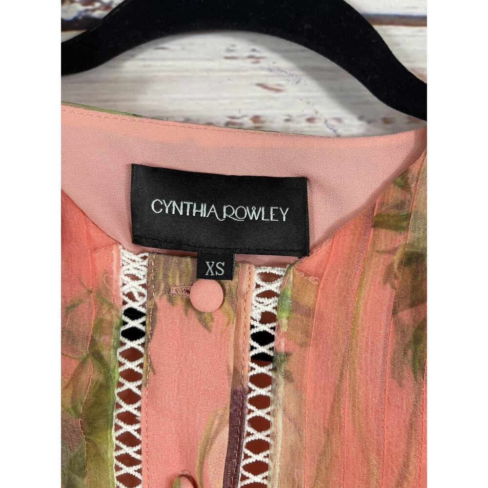 Cynthia Rowley Dress Womens XS Pink Floral Sheer Chiffon Ruffle Boho Long Sleeve - Picture 4 of 9